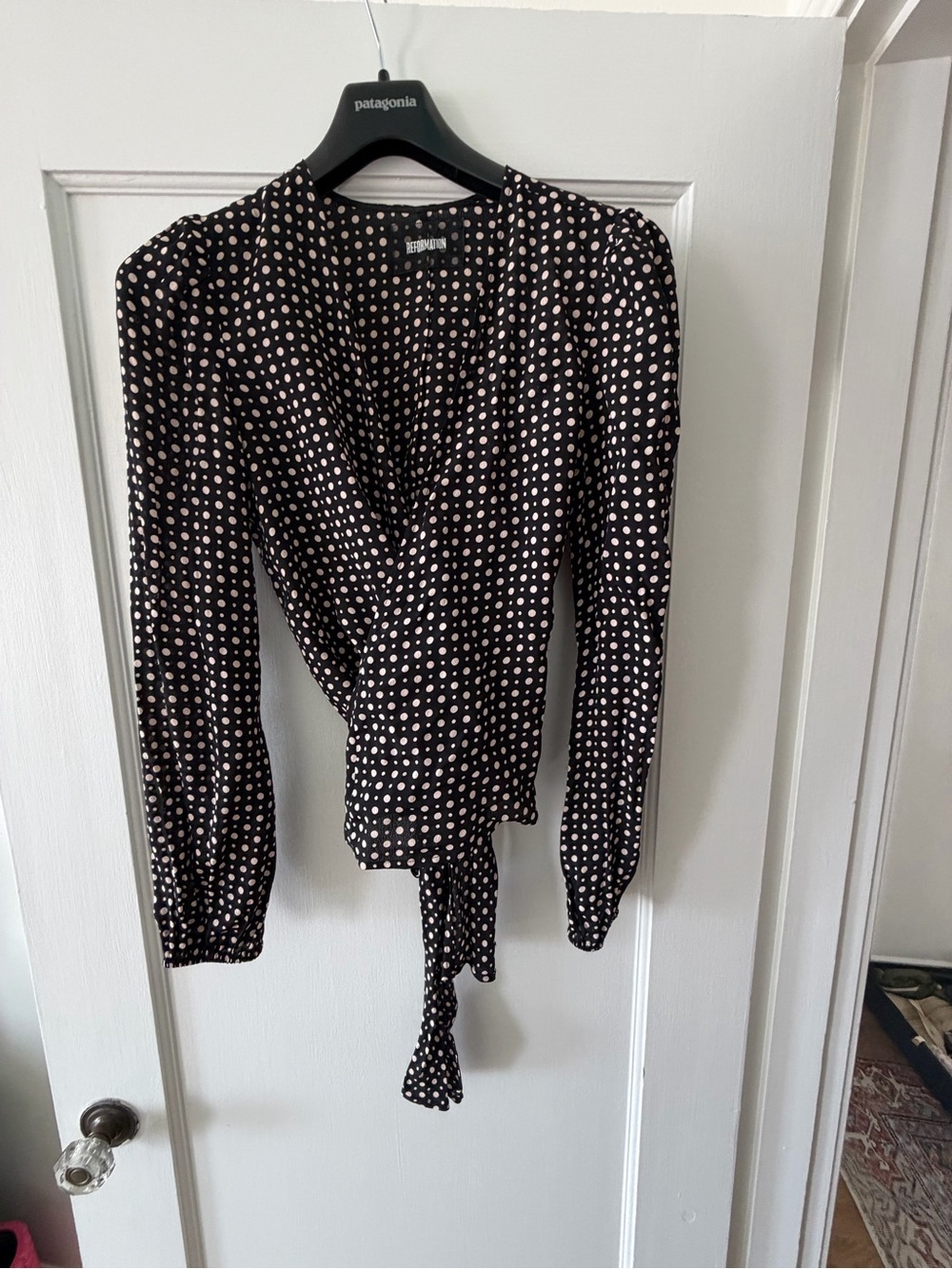 Reformation Black Wrap Blouse with Light Pink Polka Dots